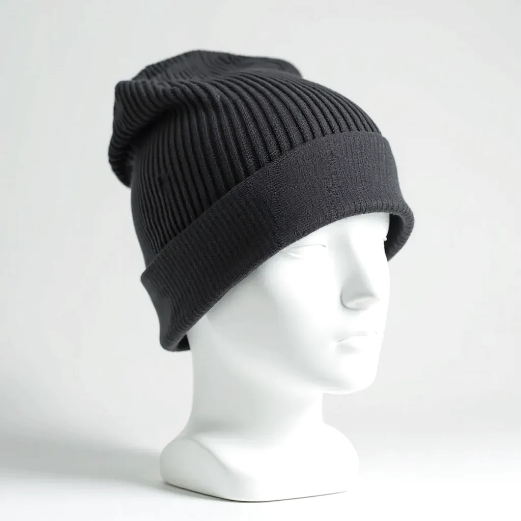Charcoal beanie styled on mannequin head showing how it sits, with folded cuff covering ears and forehead