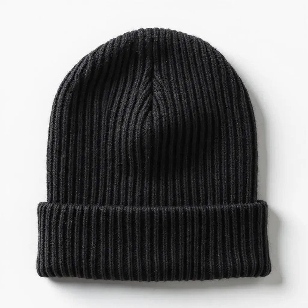 Charcoal grey ribbed merino wool beanie displayed on white background with cuff folded down showing full shape