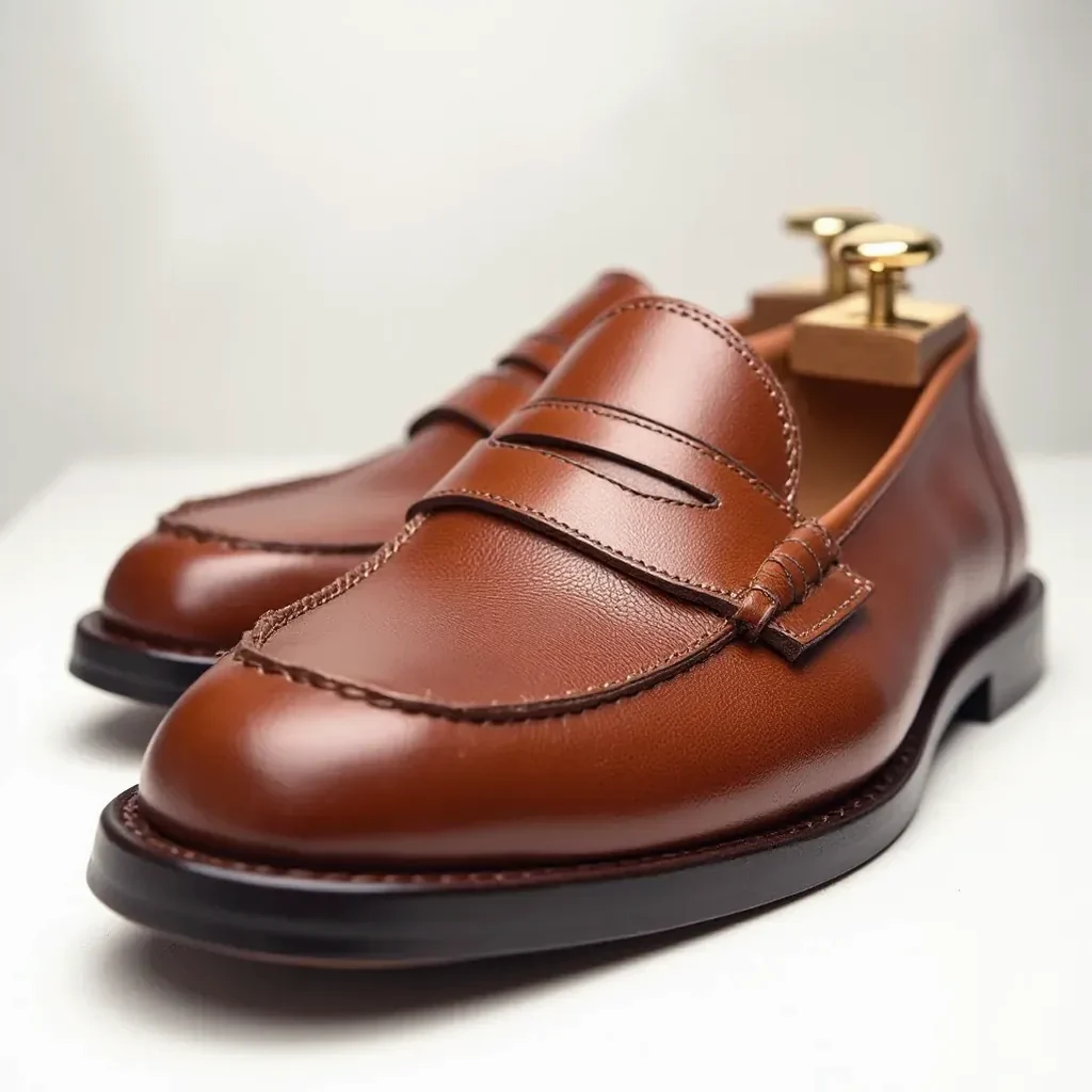 Detail view of cognac leather loafer showing the penny strap stitching and premium full-grain leather texture
