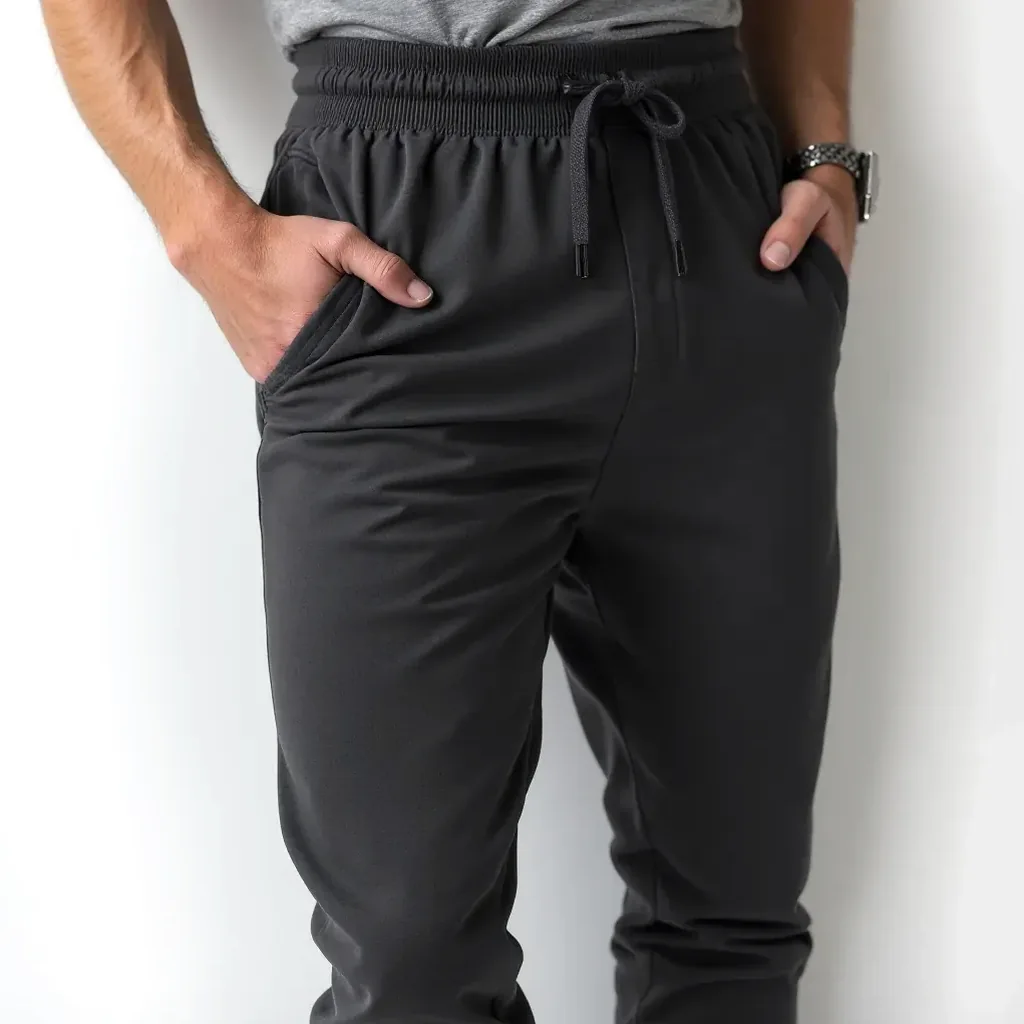 Close-up detail of charcoal joggers showing fabric texture and tapered ankle cuff design with stitching detail