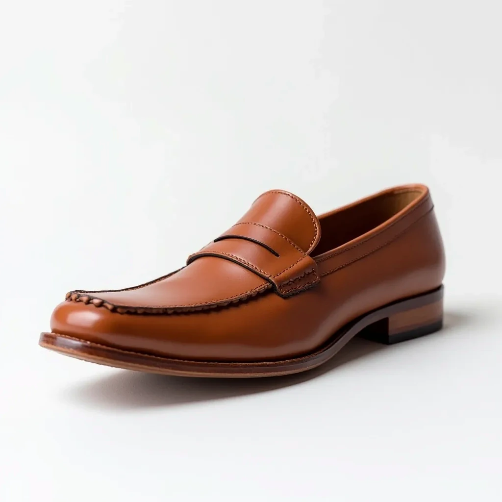 Cognac brown leather loafer shown from front three-quarter angle with visible penny strap and stitching detail