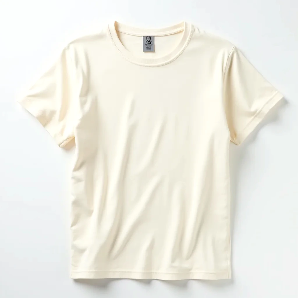 Cream-colored crew neck t-shirt laid flat showing neckline detail and natural linen-cotton blend fabric texture