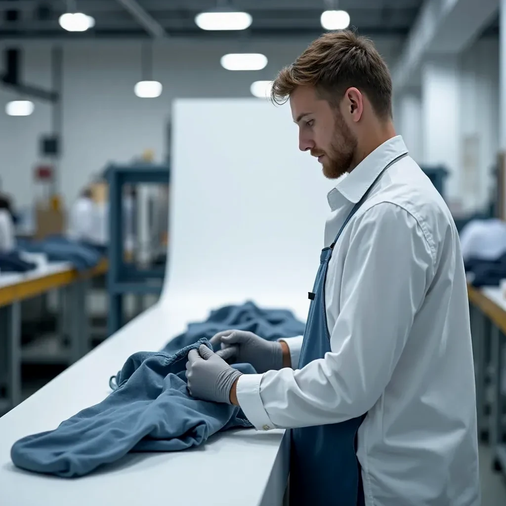 European factory worker quality checking finished charcoal joggers on production line with bright studio lighting