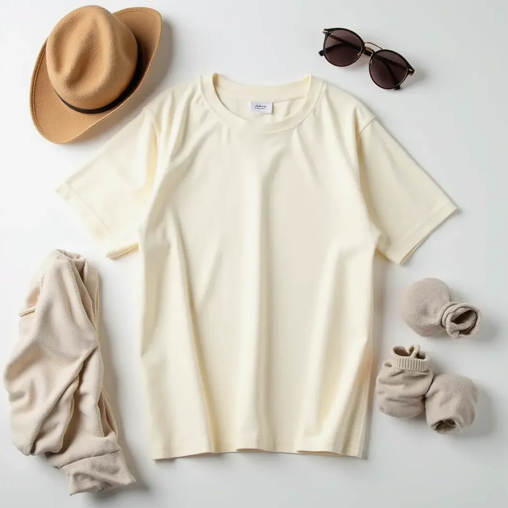 Cream crew neck t-shirt styled with casual layering and neutral earth-tone accessories showing versatile everyday wear options