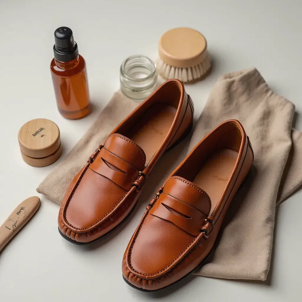Cognac loafer paired with care products including soft brush, leather conditioner, and cloth on wooden surface