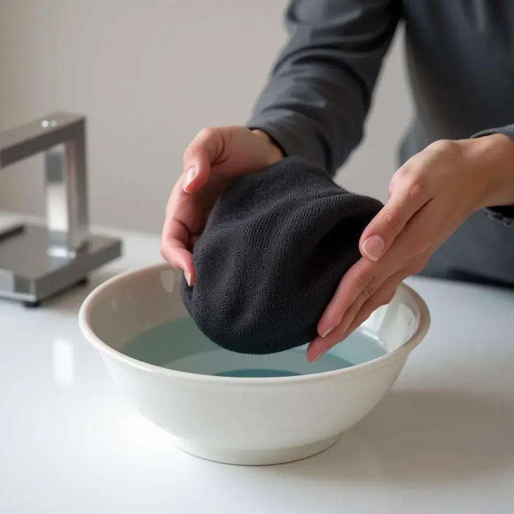 Hands gently washing a charcoal beanie in a basin of cool water with care instructions visible