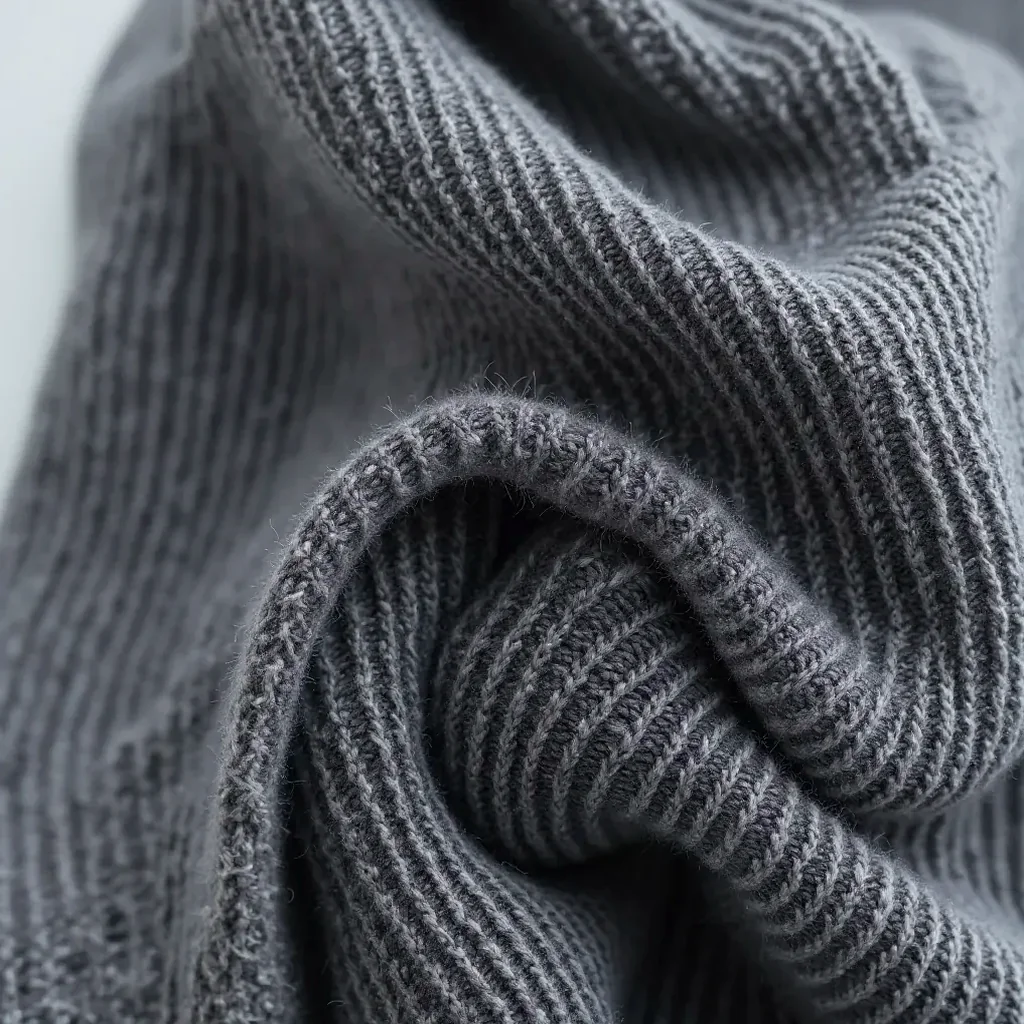 Close-up detail of fine ribbed merino wool texture showing the smooth surface and knit pattern of the beanie material