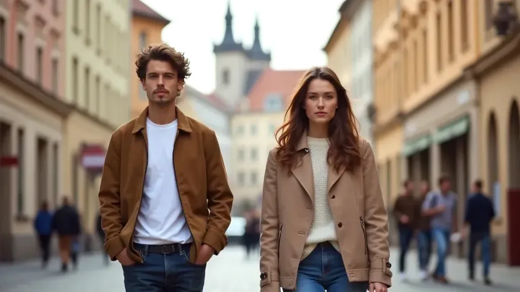 People wearing comfortable casual wear walking through Prague streets