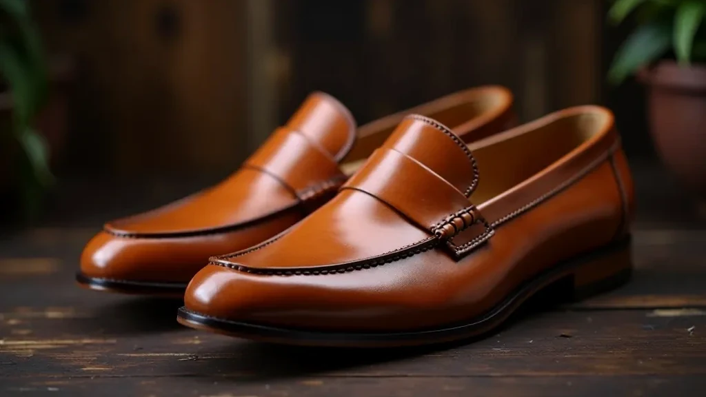 Cognac leather slip-on loafers displayed on wooden surface