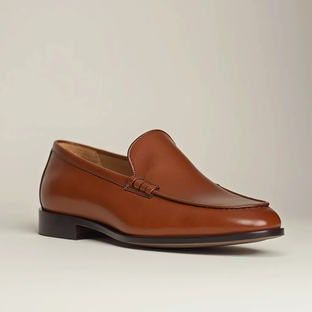 Cognac loafer positioned to show the reinforced heel counter, sole construction, and interior unlined leather