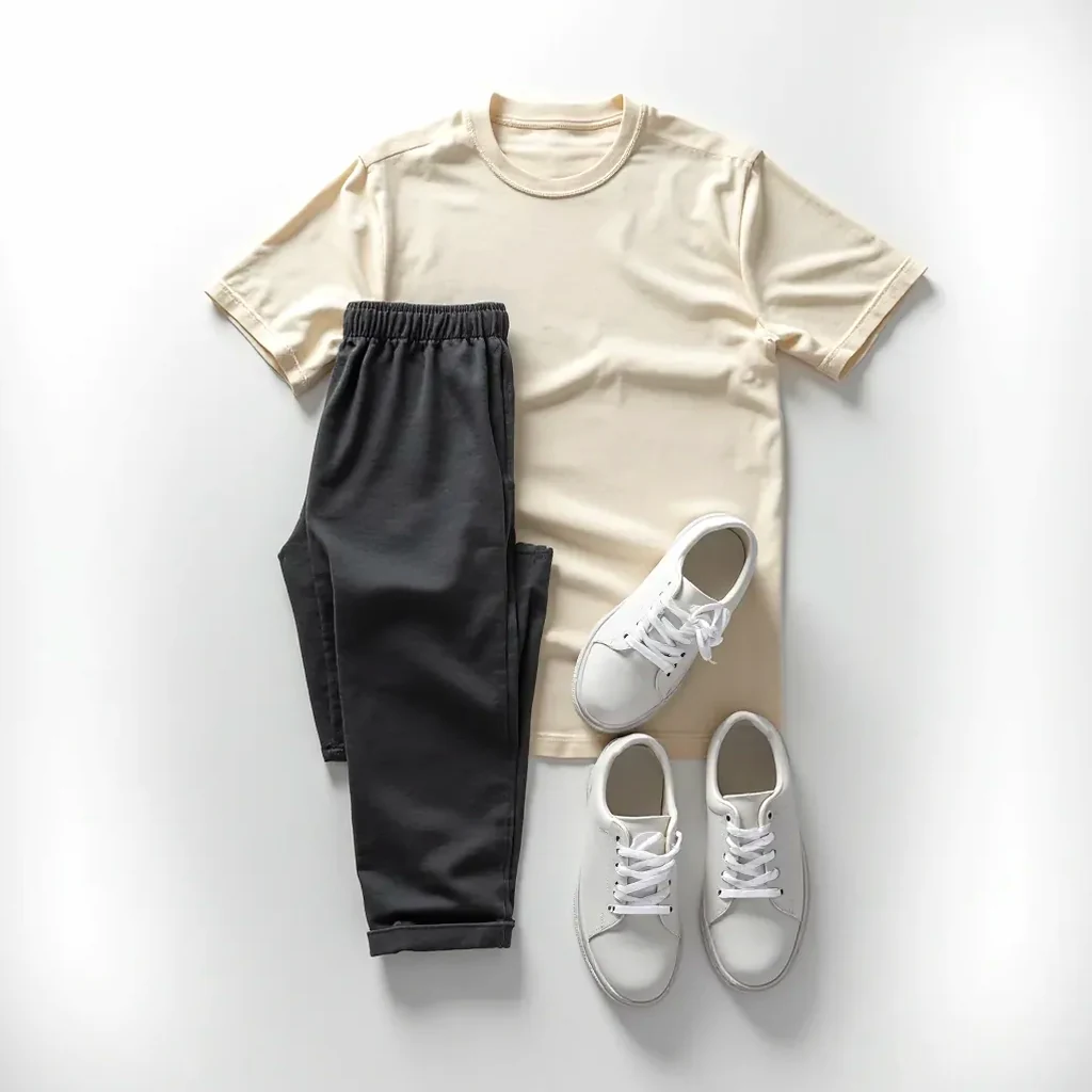 Styled flat lay showing charcoal joggers paired with cream crew neck tee and white sneakers on neutral background